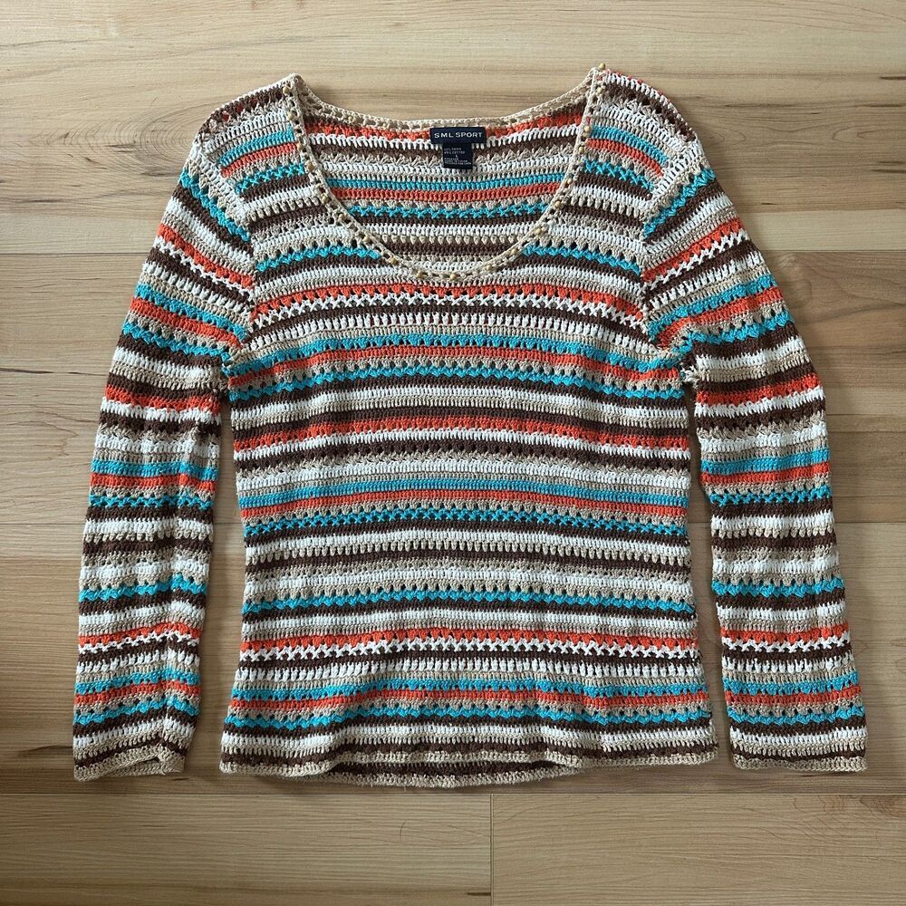 Vintage SML‎ Sport Knit Crochet Multicolor Striped Boho Hippie Top Size Large